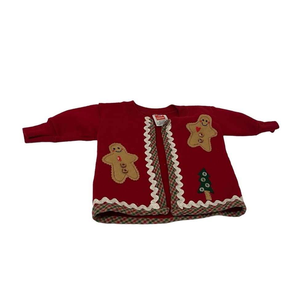 Hanes Girls Baby Red Gingerbread Applique Embroidered Handmade Sweater Size 6M